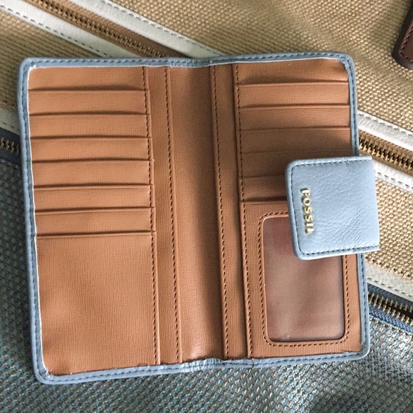 FOSSIL Explorer Tote Canvas Woven Straw Crossbody and Wallet Set Tan Blue - Picture 12 of 15